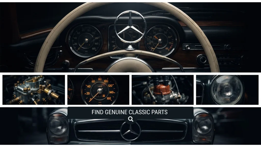 Classic Mercedes-Benz dashboard and steering wheel with chrome horn ring and star emblem
